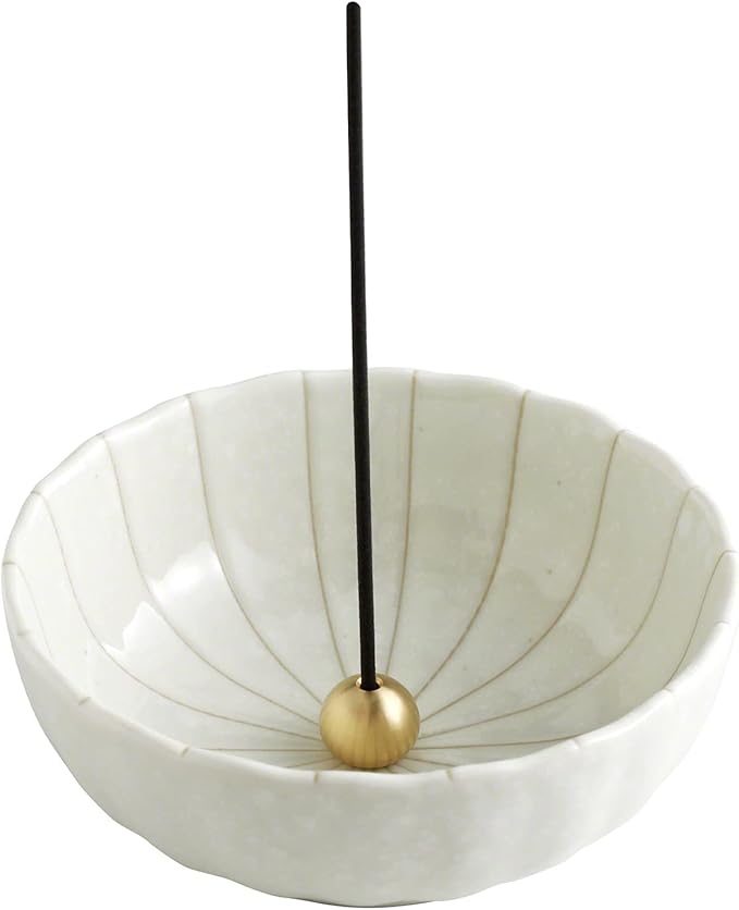 Asayu Japan White Lotus Incense Holder for Sticks 4.1 inch (105mm), Traditional Made in Japan Ceramic Ash Catcher and Brass Incense Burner Set, Japanese Incense Bowl - Bloomnest