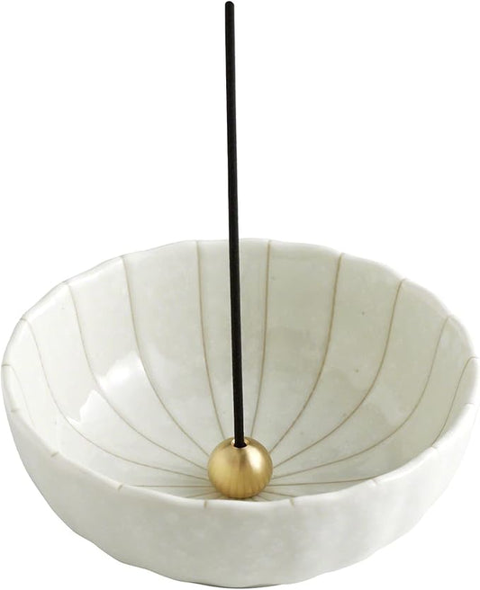 Asayu Japan White Lotus Incense Holder for Sticks 4.1 inch (105mm), Traditional Made in Japan Ceramic Ash Catcher and Brass Incense Burner Set, Japanese Incense Bowl - Bloomnest