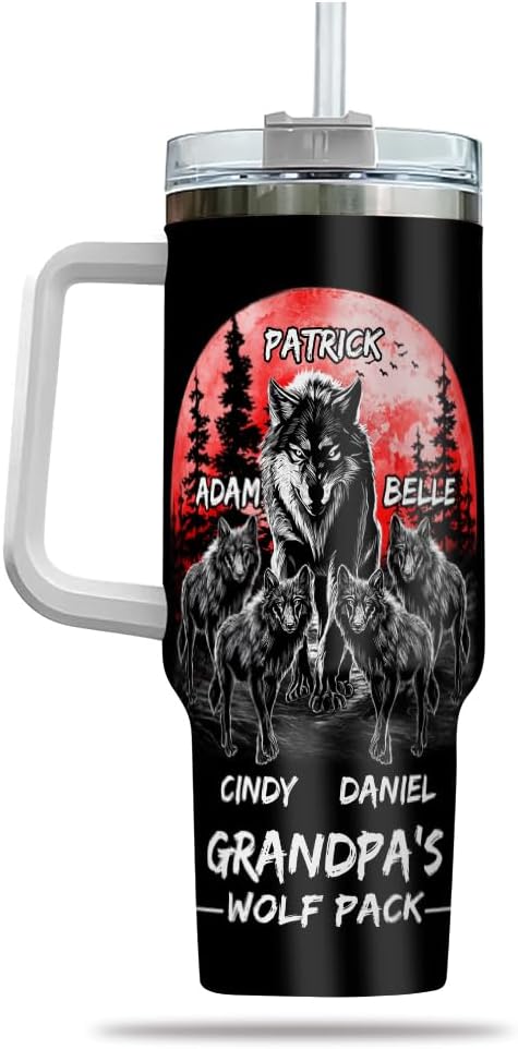 Custom Grandpa’s Wolf Pack Tumbler – Personalized Gift With Wolf Family and Grandkids’ Names – Red Moon Forest Design – Birthday or Father’s Day Mug - Bloomnest