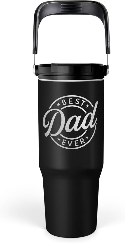 Best Dad Ever Tumbler 30oz, Stainless Steel Insulated Tumblers Travel Cup with Carry Handle & Flip Straw Lid, Gifts for Dad from Daughter Son, Dads Gift for Birthday Christmas Fathers Day