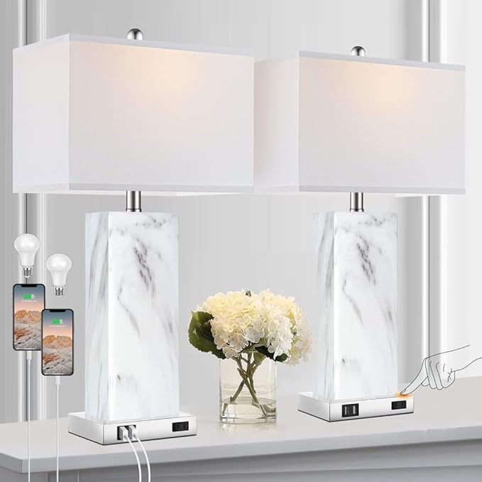 Desk Nightstand Table Lamp Set of 2, Night Stand Light Side Lamp, 3-Way Dimmable Bedside Nightstand Lamps with USB Ports - Bloomnest