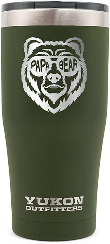 Yukon Outfitters Freedom High Grade 18/8 Corrosion-Resistant Stainless Steel Double Wall Vacuum Tumbler (20 oz/ 590ml) - 7.3" H x 3.4" Top dia. / 2.7" Bottom dia., Olive Drab with Papa Bear Shades - Bloomnest