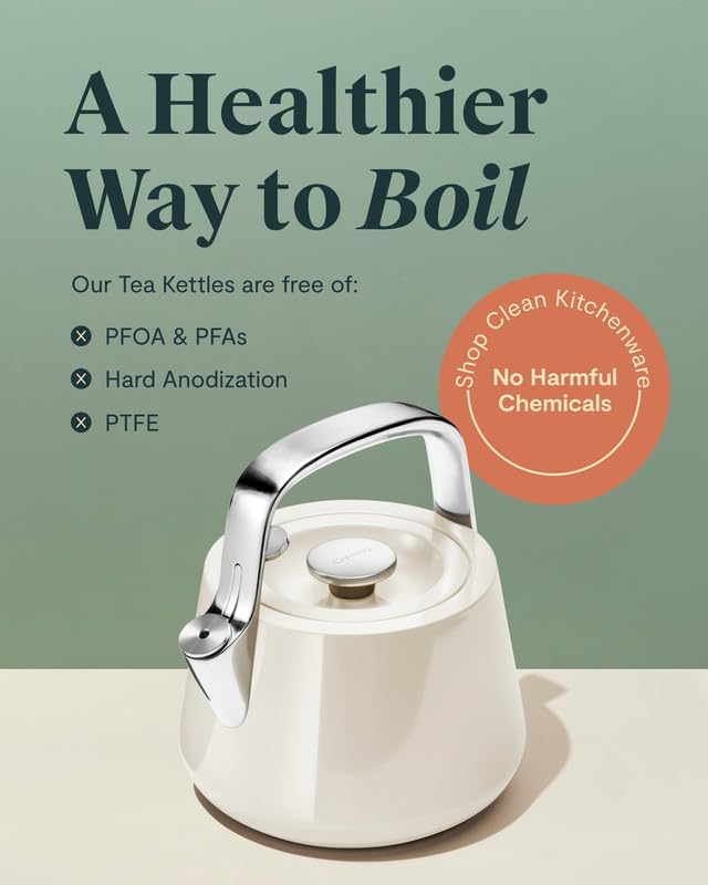 Caraway 2 Quart Whistling Tea Kettle - Durable Stainless Steel Tea Pot - Fast Boiling, Stovetop Agnostic - Non-Toxic, PTFE & PFOA Free - Includes Pot Holder - Cream - Bloomnest