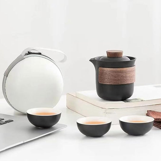 Mini Travel Ceramic Tea Pot Set Chinese Kung Fu Teapot, 1 Pot 3 Cups Porcelain Teacups with Tea Infuser Portable Bag for Home Office Outdoor Picnic Black