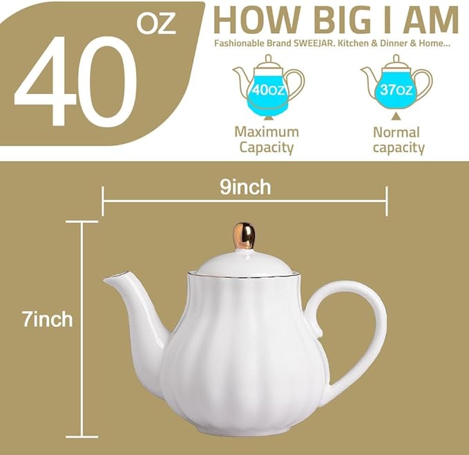 Sweejar Royal Teapot, Ceramic Tea Pot with Removable Stainless Steel Infuser, Blooming & Loose Leaf Teapot - 40 Ounce (White) - Bloomnest