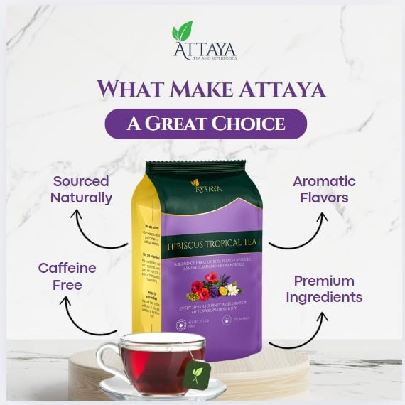 Attaya Hibiscus Tropical Herbal Tea Bags | 6-Herb Blend with Hibiscus, Rose Petals, Cardamom, Orange-peel, Jasmine & Lavender| 100 Caffeine-Free Pyramid Tea bags, Rich in Antioxidants & Vitamin C - Bloomnest