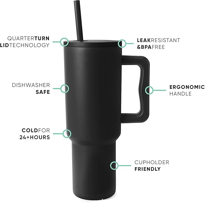Outdoor Tumbler, 40 oz, Double-Wall Insulated, Ergonomic Handle with Lid Straw (Black) - Bloomnest