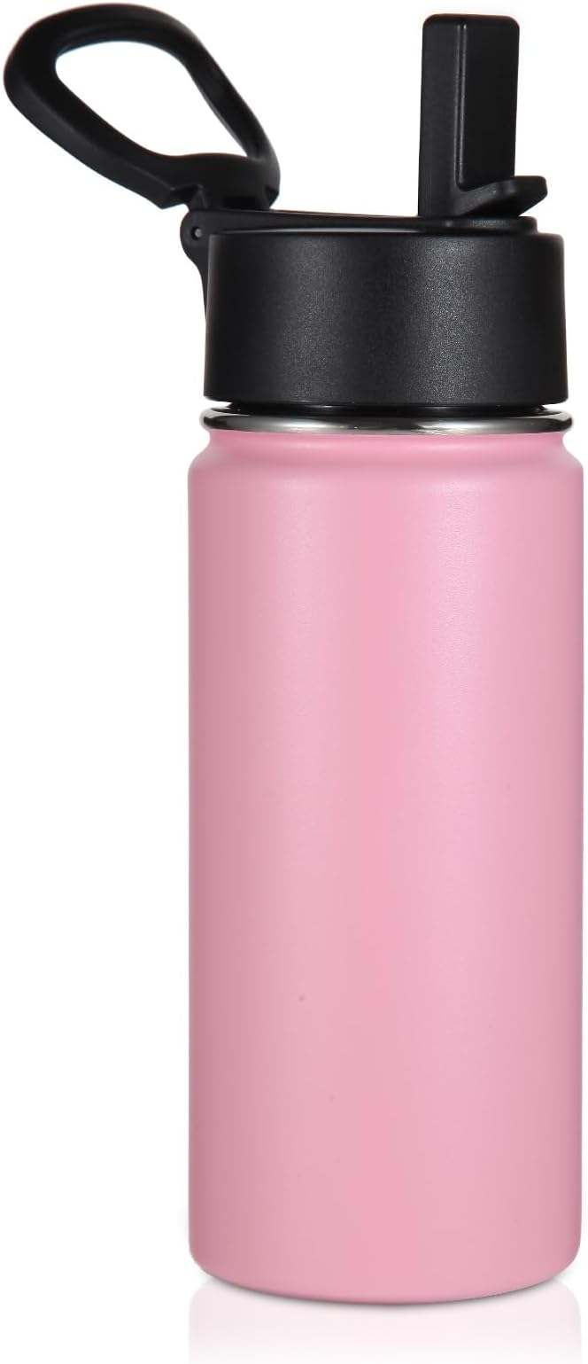 Volhoply Kids Insulated Water Bottle with Straw,16oz Stainless Steel Cold Water Bottles for School,BPA-Free Metal Wide Mouth Cups with Handle Lid,Reusable Double Wall Vacuum Sport Flask(Pink,1) - Bloomnest