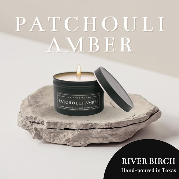 River Birch Candles Patchouli Amber Scented Candle | Premium, All-Natural, Non-Toxic, Soy Candles | 8 oz. Black Matte Tin Travel Candle | Cozy Relaxing Gifts for Home - Bloomnest