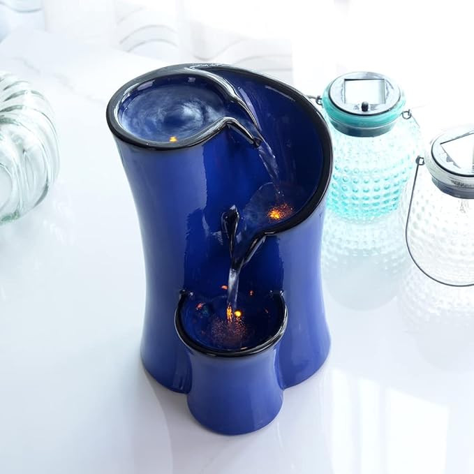 Indoor Water Fountain Imitation Ceramics Appearance Tabletop Relaxation Desktop Waterfall w/ 3 Reflective led, 9.8 Inch Tall (Blue) - Bloomnest