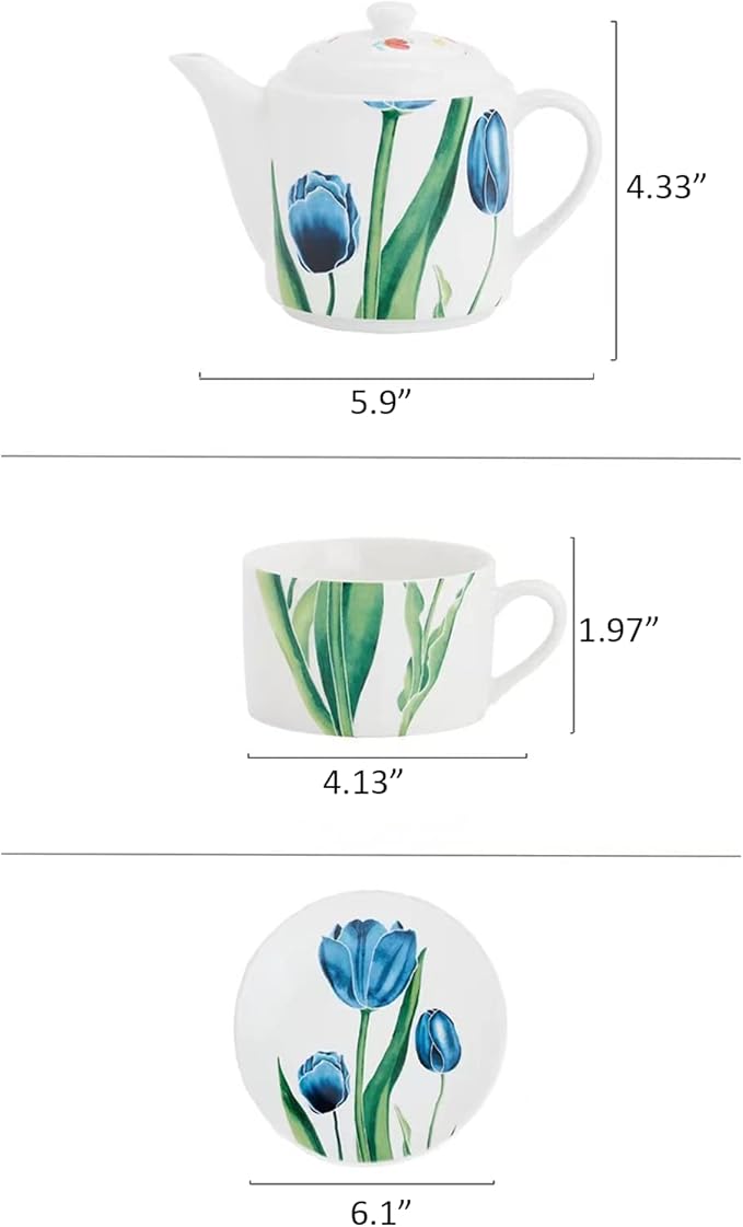 Ceramic Tea Set for Two, 13.6oz Teapot with Infuser, Stacked Kettle Two Cup and Saucer with Handpainted Flower Pattern, Office Home Gift for Women and Adults, Style 2 - Bloomnest