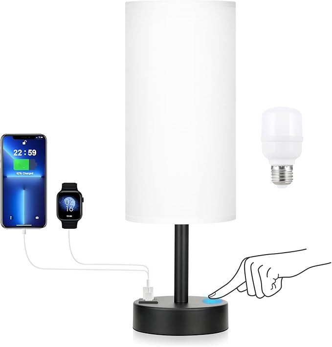 Bedside Touch Table Lamps for Bedroom Nightstand with USB-C USB-A Charging Ports White, 3 Way Dimmable Small Lamp Fabric Shade Black Base for Office, Living Room, Dorm Room Reading - Bloomnest