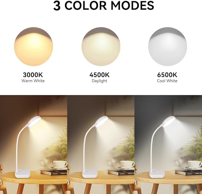 Battery Desk Lamp Light,Black,Cordless desk lamp rechargeable,Small gooseneck lamp for desk,400LM LED Light,3 Colors (White/Warm White/Warm),Adjustable brightness,360° Hose,20 LED for Bedroom&Reading - Bloomnest