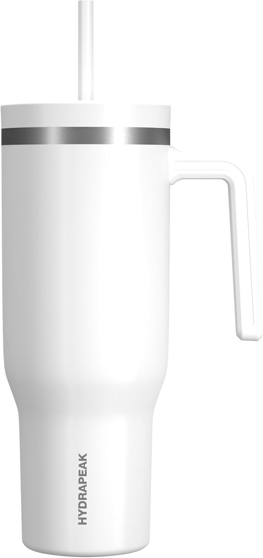 Hydrapeak Voyager 40 Oz Stainless Steel Tumbler with Handle, Insulated Water Bottle With Straw & Lid, Cupholder Friendly Reusable Travel Mug (White) - Bloomnest