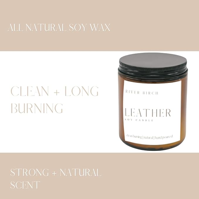 River Birch Candles Leather Scented Candle | Premium, All-Natural, Non-Toxic, Soy Amber Jar Candles | 8.5oz 40 Hr Burn Time | Cozy Relaxing Gifts for Home - Bloomnest
