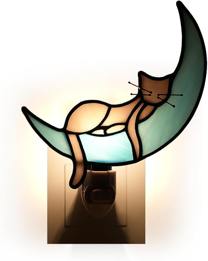 BOXCASA Cat on Moon Decor Stained Glass Night Lights Plug Into Wall Decorative,Night Light Plug in Decor for Children's Room Kitchen Toilet Bathroom,Cats Themed Gifts for Women Cat Lover - Bloomnest