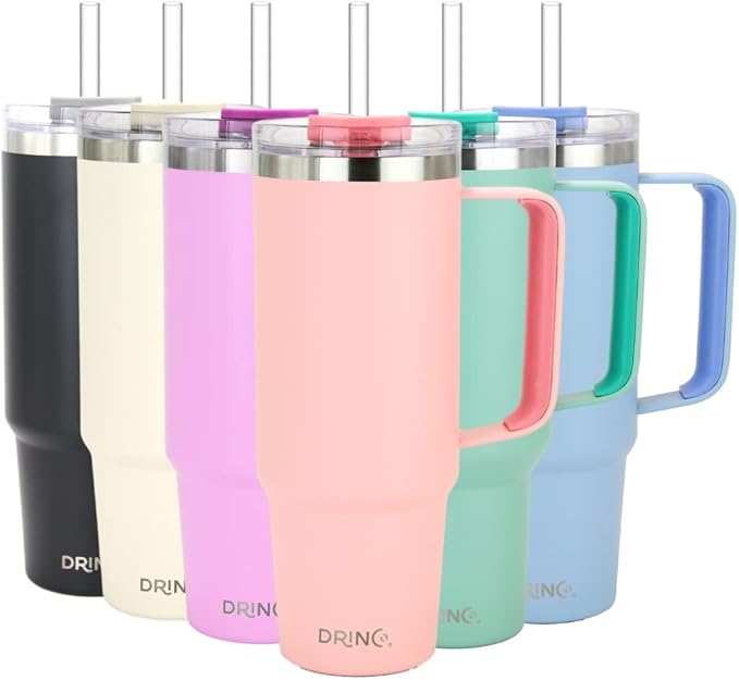 Drinco 40oz 30 oz Tumbler with Handle, Straw Lid, Insulated Stainless Steel Travel Mug Water Bottle Ice Coffee Cup For Cold and Hot, BigSur (40oz Peach) - Bloomnest