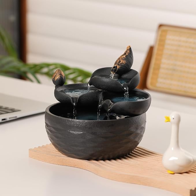Tabletop Ceramic Fountain Water Feature Home Kitchen Office Decoration Modern Design Style (Black) - Bloomnest