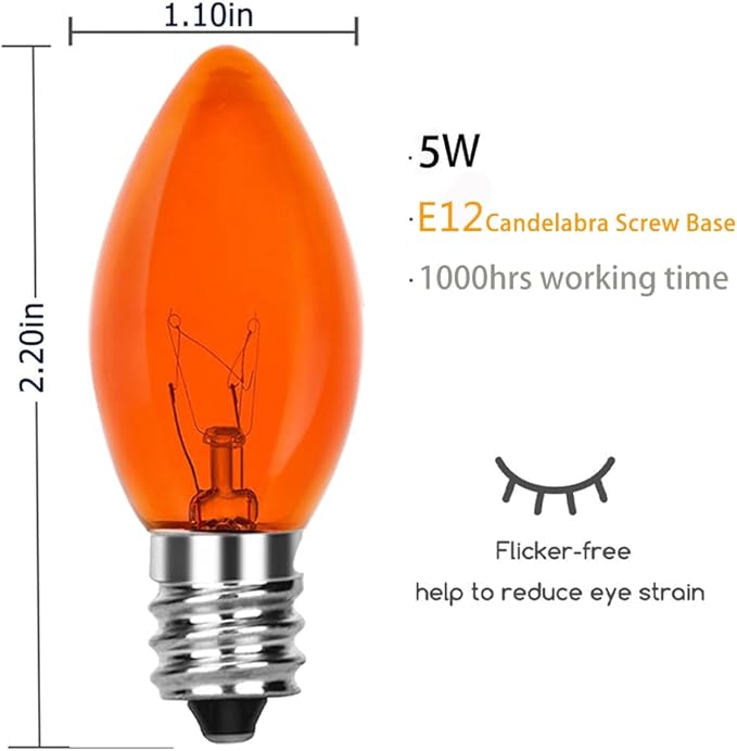 SUNSGNE 25 Pack C7 Orange Light Bulbs Halloween Christmas Replacement Bulbs, C7 Clear Orange Incandescent Light Bulbs for Outdoor Patio Xmas String Lights, E12/C7 Candelabra Base, 5 Watts - Bloomnest