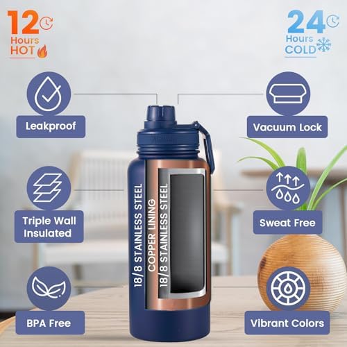 Lexlion Tea Infuser Water Bottle 32 Oz – Triple Wall Insulated Stainless Steel, Loose Leaf & Fruit Strainer, 3 Leakproof Lids, BPA-Free Silicone Sleeve, Reusable Thermal Mug - Bloomnest
