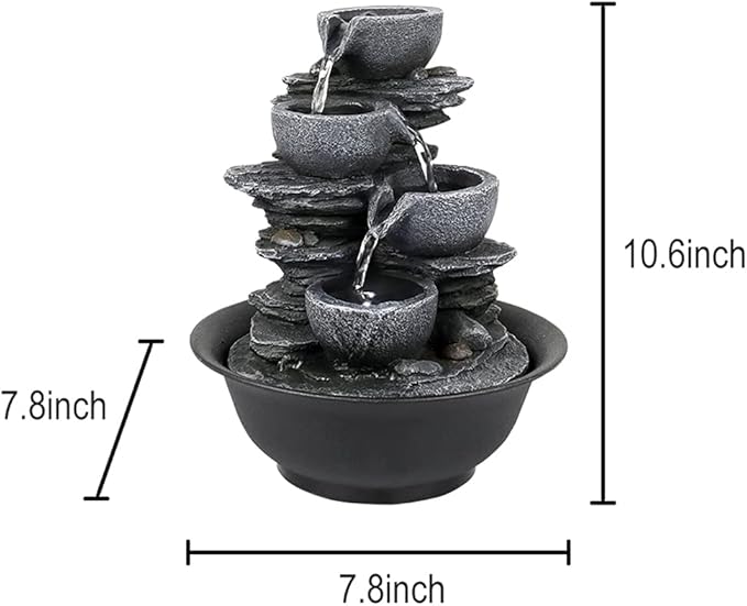10.6” High Cascading Tabletop Fountain w/LED Light - 4-Tier Bowls Rock Water Fountains Indoor Small Relaxation Waterfall Feature for Home, Office and End Table Decoration (10.6" high, Gray) - Bloomnest