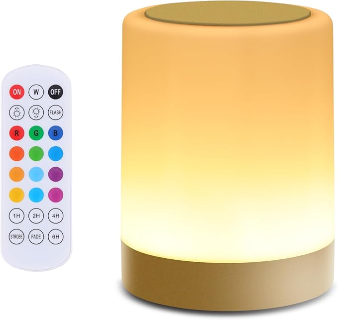 OORUN Touch Bedside Table Lamp,13 RGB Colors & 5 Brightness, USB Rechargeable Desk Lamp, Remote Control Dimmable Light with RGB Color Changing,Portable Lamp for Baby (Gold) - Bloomnest