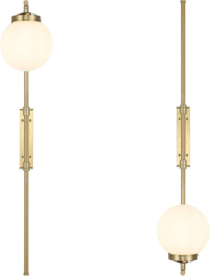 ELEHINSER Gold Wall Sconces Set of 2 with Globe Shade, Modern Indoor Plug in Wall Lamps with Switch, Angle Adjustable Light for Bedroom Living Room Study Hallway Bedside - Bloomnest