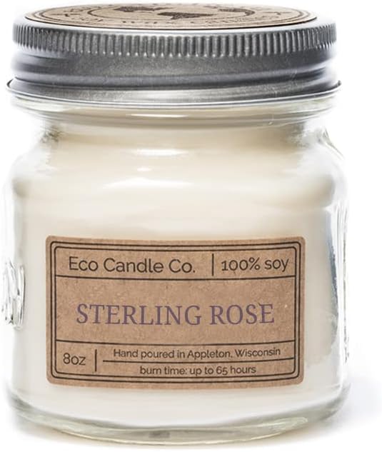 Eco Candle Co. Mason Jar Candle, Sterling Rose, 8 oz. - Scents of Green Notes, Fresh Cut Roses, Floral, & Musk - 100% Soy Wax, No Lead, Kraft Label & Antiqued Pewter Lid, Hand Made, Midwest Soybeans - Bloomnest