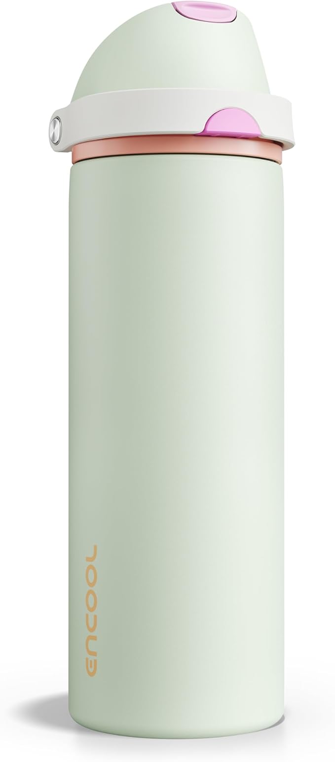 Insulated Water Bottle with Straw - Encool Stainless Steel Water Bottle with Push Button Lid, Leak-Proof & BPA-Free, Keeps Cold for 24 Hours for Sports, Travel, Gym (24 oz, Geyser Green) ENCOOL