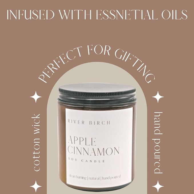 River Birch Candles Apple Cinnamon Scented Candle | Premium, All-Natural, Non-Toxic, Soy Amber Jar Candles | 8.5oz 40 Hr Burn Time | Cozy Relaxing Gifts for Home - Bloomnest