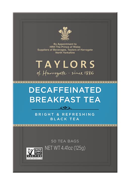 Taylors of Harrogate Decaffeinated Breakfast, Black Tea, Pillow Bags, 50 Count (Pack of 6), Rich, Bright & Balanced, Decaffeinated, Enjoy Hot or Iced, 300 Teabags Total - Bloomnest