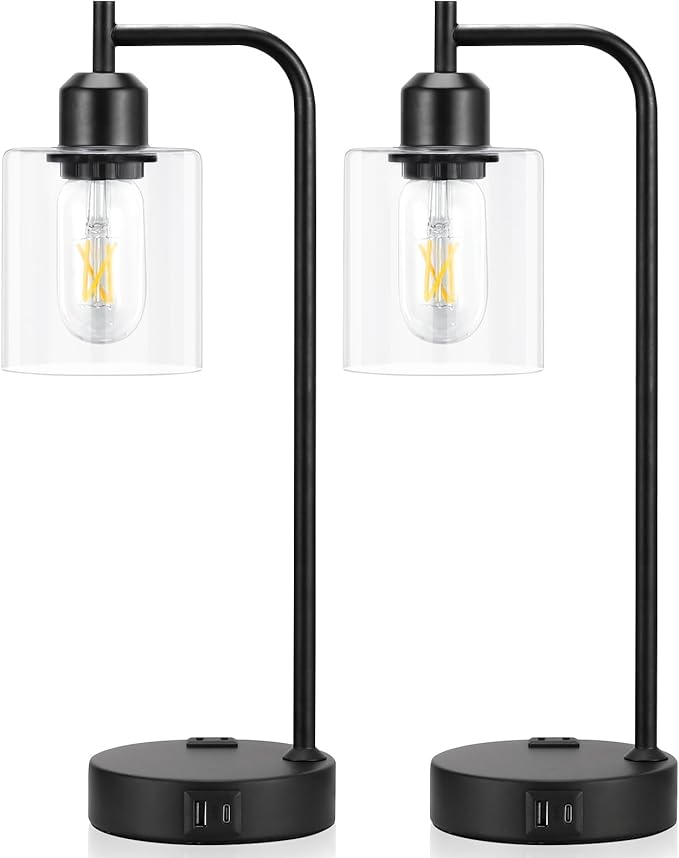 Industrial Touch Table Lamps for Bedrooms Set of 2 - 3-Way Dimmable Nightstand Lamps with USB C+A Ports and Outlet, Black Bedside Lamps with Glass Shade for Living Room, Desk Lamps for Home Office - Bloomnest