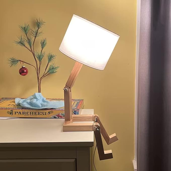 ELINKUME Robot Bedside Lamp, Fabric Lampshade Match Foldable Solid Wood Body, Creative E27 Screw Table Lamp for Bedroom Living Room - Bloomnest