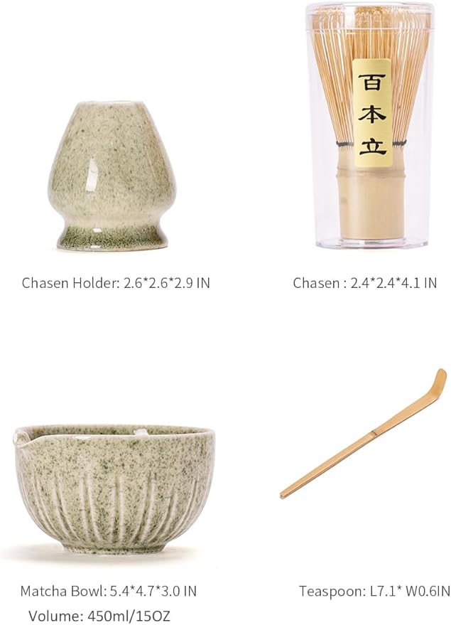TANG PIN Matcha Set - Match Bowl with Spout and Whisk, 15 OZ, Matcha Scoop | Matcha Whisk Stand (Chasen Holder) - 4pc Perfect Matcha Kit for Matcha Tea Ceremony (Mottled Green) - Bloomnest