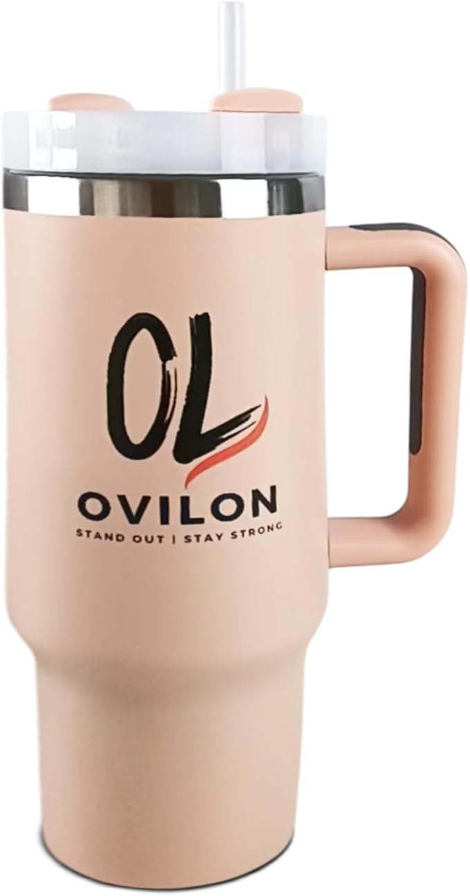 Ovilon Premium Travel Tumbler with Handle – Insulated Hot & Cold Drink Cup, Easy Grip, Leak-Proof Lid, Stainless Steel Mug (Pink, 40oz) - Bloomnest