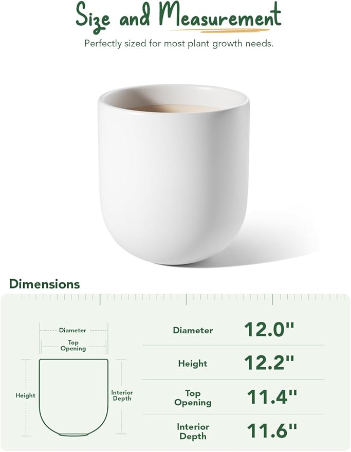 LE TAUCI 12 Inch Pots for Plants, Ceramic Large Planters for Indoor Plants, Indoor Plant Pots for Home Garden Patio Office, Planter Pots with Drainage Hole and Rubber Plug, White - Bloomnest
