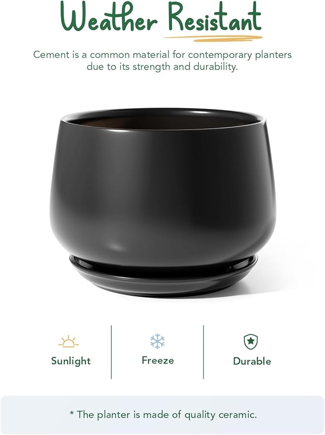 LE TAUCI Ceramic Planters, 12 Inch Pots for Plants, Indoor Plant Pots with Drainage Holes and Saucers, Modern Planters Fit Mid Century Plant Stand, Flower Pots for Indoor Plants, Black - Bloomnest