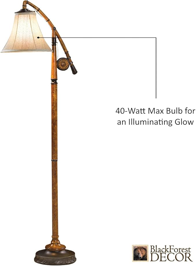 BLACK FOREST DECOR - Fishing Pole Floor Lamp with Linen Shade, Cast Resin Construction - Vintage Lakeside Style - 19" W x 63" H - Bloomnest