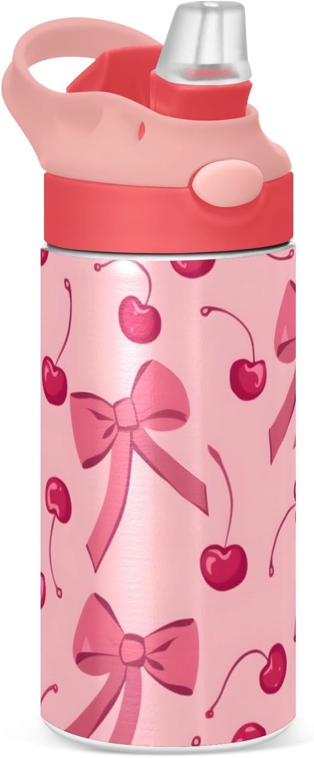 Bow Cherry Pink Kids Insulated Water Bottle, Toddlers Tumbler Travel Cup with Straw & Handle Stainless Steel Cup for Travel School Girls 12 oz - Bloomnest