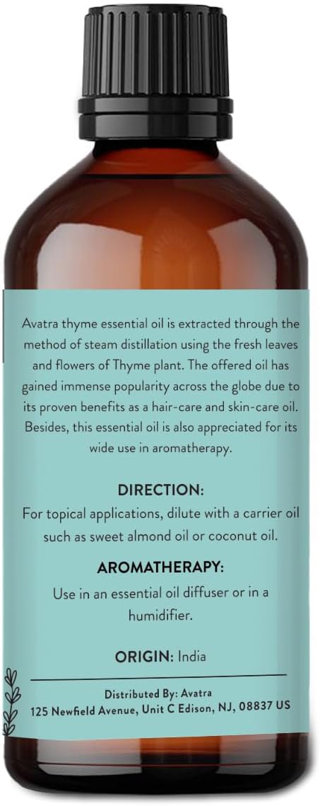 Avatra Thyme Essential Oil 100ML (3.38 OZ) with Glass Dropper and Travel Bottle, Pure and Natural Therapeutic Grade Thyme Oil for Diffuser, Aromatherapy, Massage, and DIY Candle Products - Bloomnest