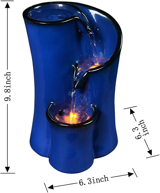 Indoor Water Fountain Imitation Ceramics Appearance Tabletop Relaxation Desktop Waterfall w/ 3 Reflective led, 9.8 Inch Tall (Blue) - Bloomnest