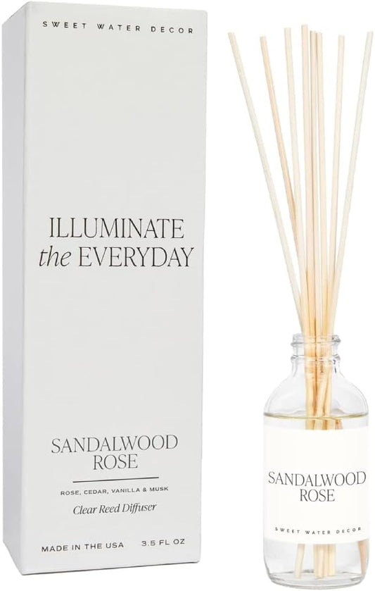 Sweet Water Decor Sandalwood Rose Reed Diffuser Set - Rose, Wood, Amber, Vanilla, & Musk Scented Diffusers - Scent Diffusers for Home, Long Lasting Fragrance, Made in The USA