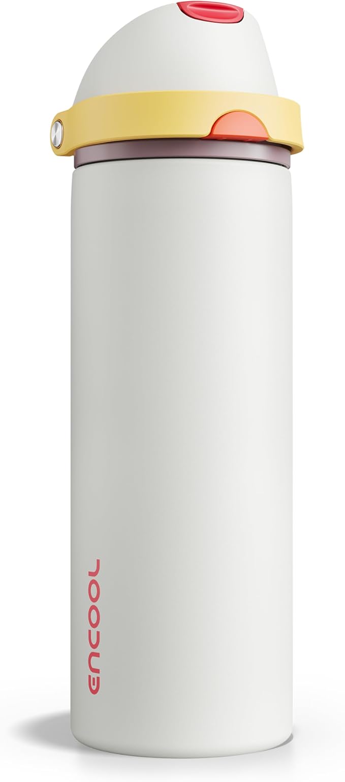 Insulated Water Bottle with Straw - Encool Stainless Steel Water Bottle with Push Button Lid, Leak-Proof & BPA-Free, Keeps Cold for 24 Hours for Sports, Travel, Gym (24 oz, Quill Grey-Red) ENCOOL