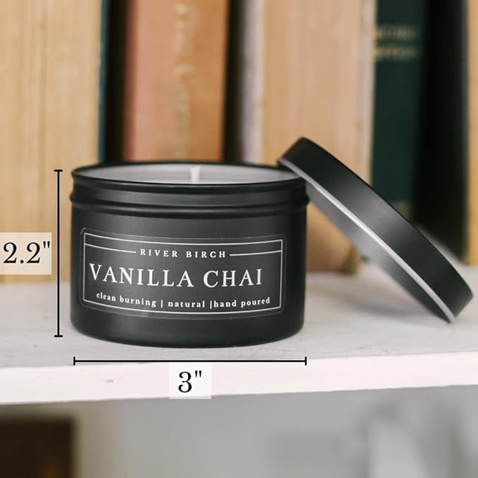River Birch Candles Vanilla Chai Scented Candle | Premium, All-Natural, Non-Toxic, Soy Candles | 8 oz. Matte Black Tin Travel Candle | Cozy Relaxing Gifts for Home - Bloomnest