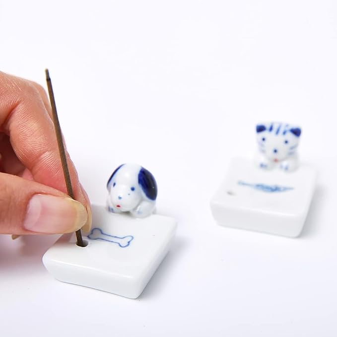 Set of 2, Japanese Mini Cute Kitty Cat with Dog Handmade White Ceramic Incense Stick Holder or Incense Burner Holder, Inscent Tray for Home Decor Yoga Spa Meditation, 1.42 inches - Bloomnest