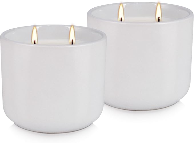 2-Pack Large Citronella Scented Candles - White Ceramic Double-Wick, Natural Soy Wax, Decorative Geometric Jar for Patio, Garden & Outdoor Decor - Bloomnest