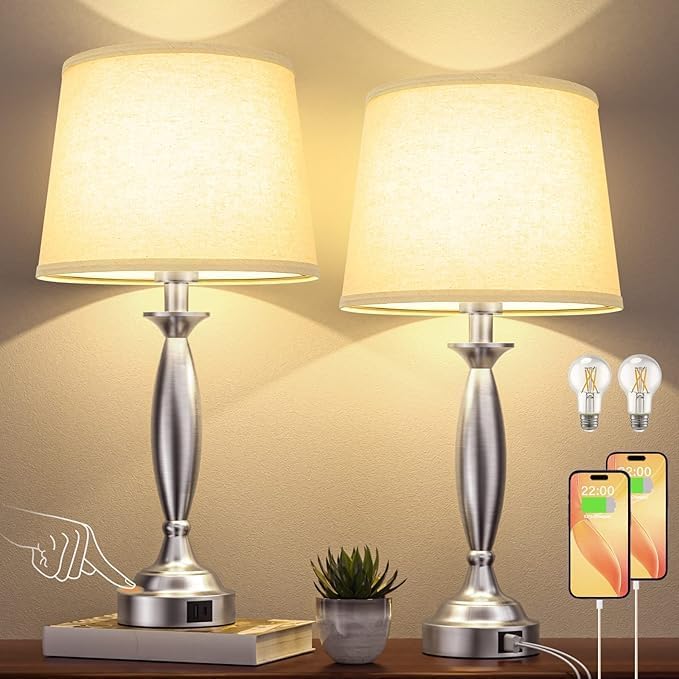 Beige Lamps for Bedrooms Set of 2 - Touch Control Bedside Lamp with USB C+A, 3 Way Dimmable Nightstand Lamps with USB Port, Table Lamp for Living Room(Beige Shade and Nickel Base) - Bloomnest