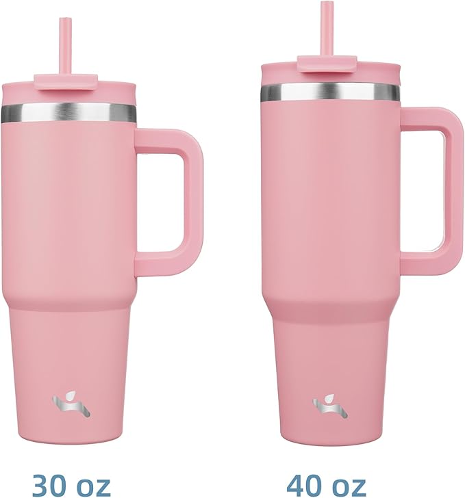 40 oz Tumbler with Handle and 2 Straws,2 in 1 Lid Insulated Water Bottle Stainless Steel Travel Coffee Mug,Pink - Bloomnest