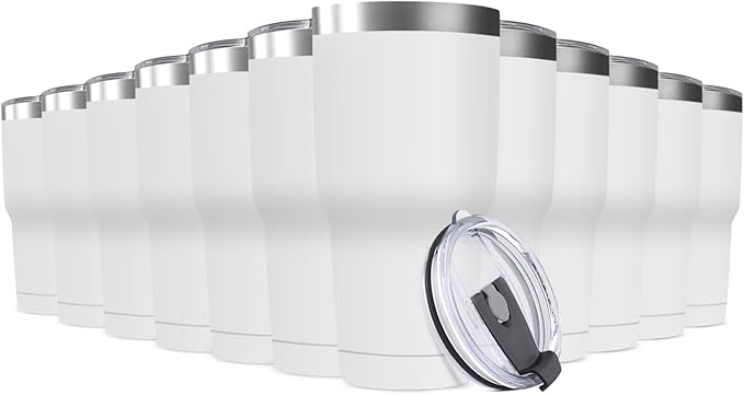 30oz Stainless Steel Travel Mug with Lid, 12 Pack Double Wall Vacuum Insulated Bulk Tumbler, Powder Coated Coffee Cup Suitable for Vehicle Cup Holders (White) - Bloomnest