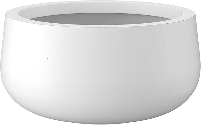 Kante 15.7" Dia Round Concrete Planter, Outdoor Indoor Garden Plant Pots with Drainage Hole and Rubber Plug, Modern Curvaceous Design, Pure White - Bloomnest